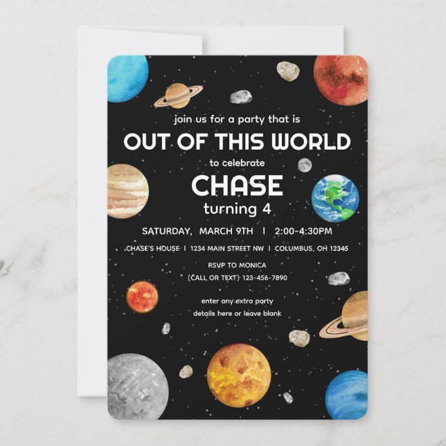 Invitación Espacio exterior - Aniversario de los niños fuera  (Anverso)