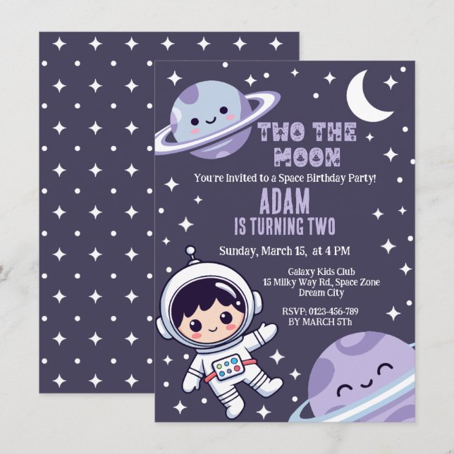 Invitación Espacio Exterior Dos La Luna Fiesta de Cumpleaños  (Anverso / Reverso)