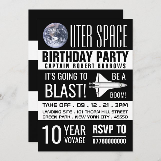 Invitación Espacio exterior, fiesta de cumpleaños de los niño (Anverso / Reverso)