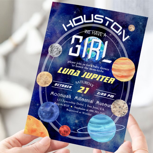 Invitación Espacio exterior Sistema solar Houston Sistema sol (Houston, We Have a Girl! Cute Solar System Space Themed Invitation.)