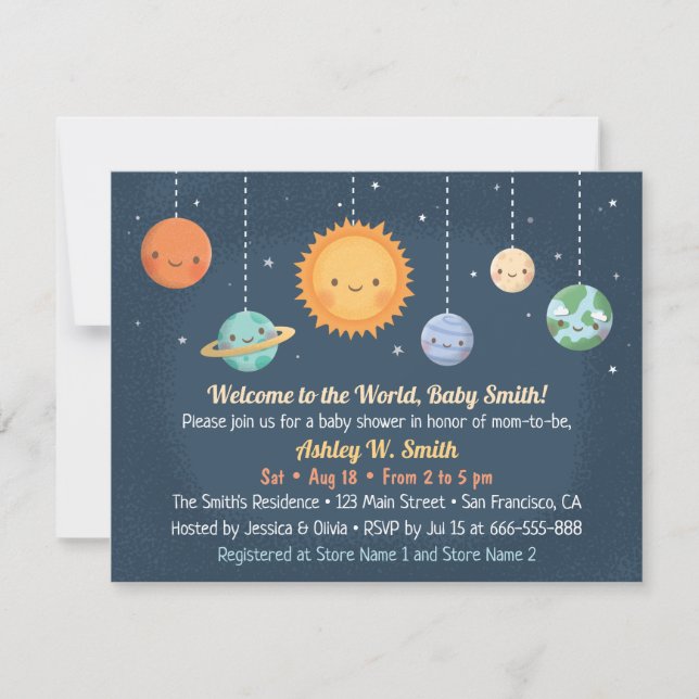 Invitación Espacio lindo Baby Shower de Sun y de los planetas (Anverso)