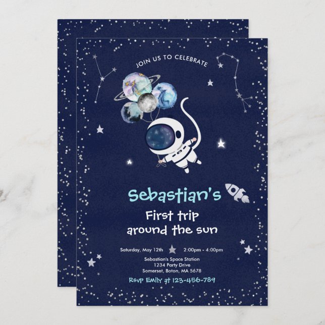 Invitación Espacio Primer Viaje Fiesta de Cumpleaños Alrededo (Anverso / Reverso)