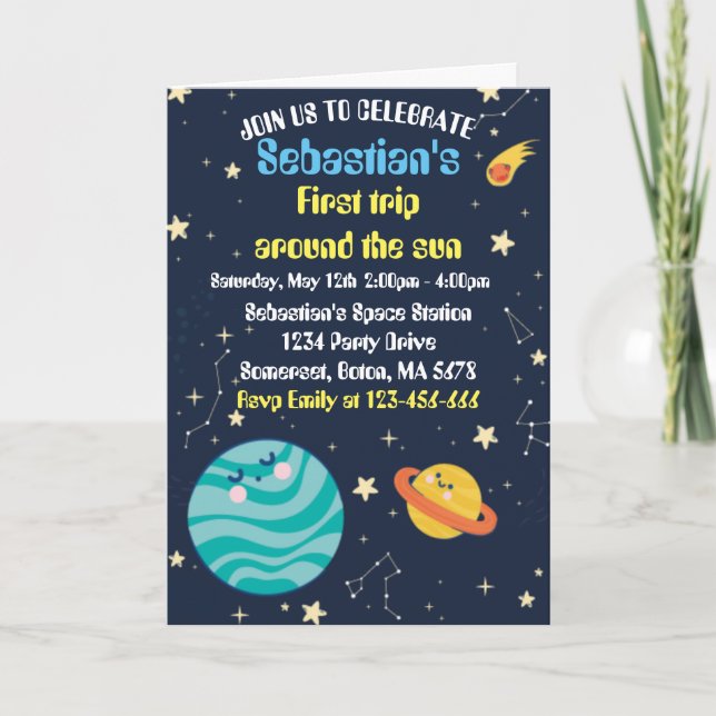 Invitación Espacio Primer Viaje Fiesta de Cumpleaños Alrededo (Anverso)