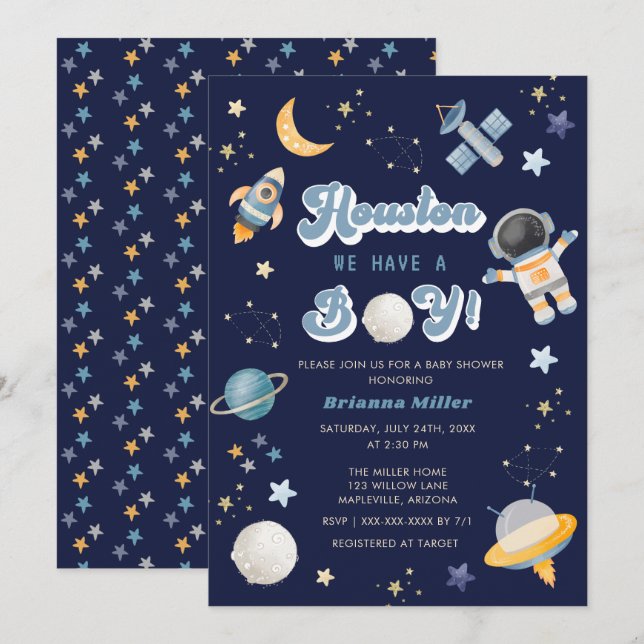 Invitación Espacio retro Houston tenemos un niño Baby Shower (Anverso / Reverso)