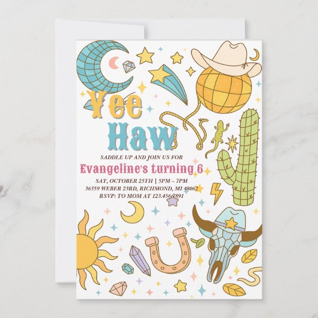 Invitación Espacio Retro Personal Yee Haw Cowgirl Cumpleaños (Anverso)