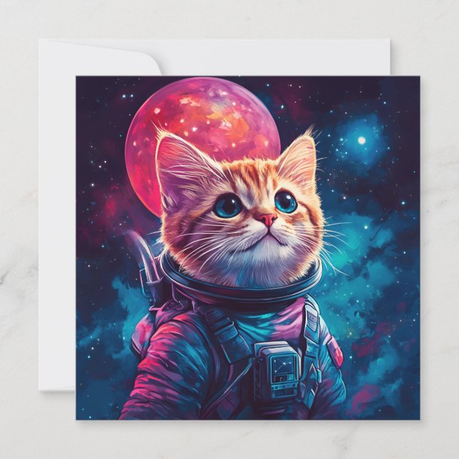 Invitación Espacio rosa astronauta de gato (Anverso)