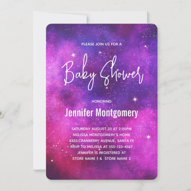 Invitación Espacio rosa y púrpura y Baby Shower galaxia de es (Anverso)