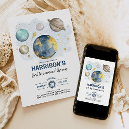 Invitación Espacio Ultraterrestre 1er cumpleaños Galaxy Moon