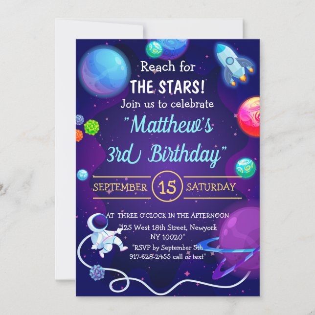 Invitación Espacio Ultraterrestre 3er Astronauta Azul (Anverso)