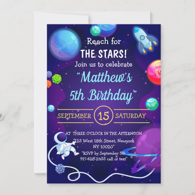 Invitación Espacio Ultraterrestre 5 Astronauta Azul (Anverso)