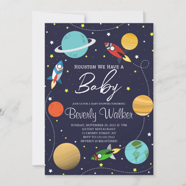 Invitación Espacio Ultraterrestre Baby Shower Houston Tenemos (Anverso)