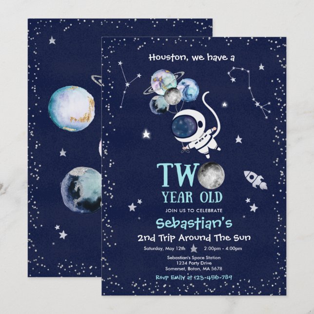 Invitación Espacio Ultraterrestre Cohete Astronauta Fiesta de (Anverso / Reverso)