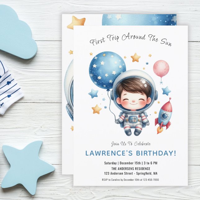Invitación Espacio Ultraterrestre Cute Austronaut Boy Primer  (Outer Space Cute Austronaut Boy 1st First Birthday Invitation)
