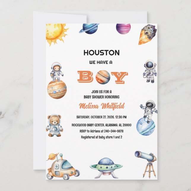 Invitación Espacio Ultraterrestre Houston Tenemos un niño Bab (Anverso)