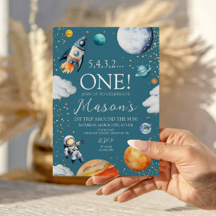 Invitación Espacio Ultraterrestre Primer Cohete de Cumpleaños