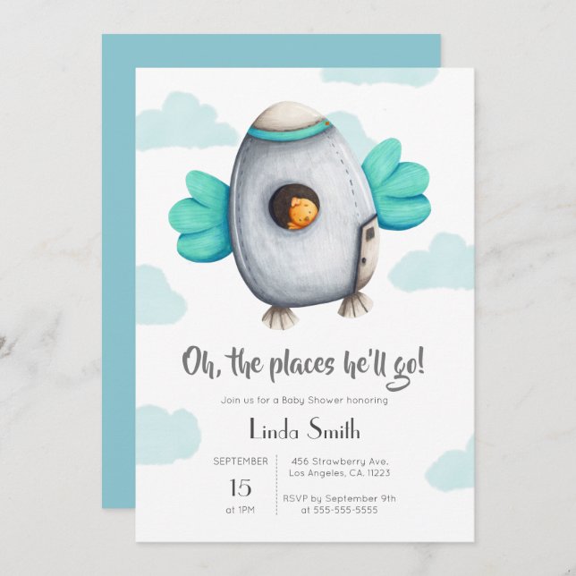 Invitación Espacios azul y blanco con Baby Shower de pájaro (Anverso / Reverso)