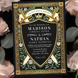 Invitación Espada de Escudo de Fantasía Floral Negra Monogram