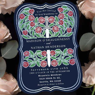 Invitación Espada de Plata Floral Medieval Azul Real Boda