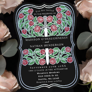 Invitación Espada de plata floral medieval Real Negra Boda