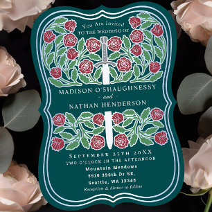 Invitación Espada de plata floral medieval real teal boda