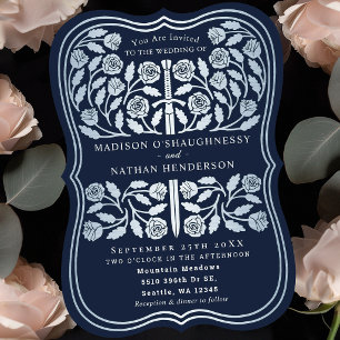 Invitación Espada de plata medieval real azul boda