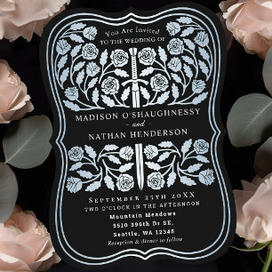 Invitación Espada de plata medieval real negra para boda
