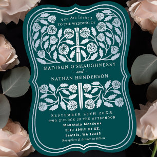 Invitación Espada de plata medieval real teal para boda