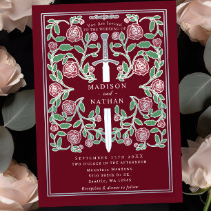 Invitación Espada de Plata Roja Floral Fantasía Medieval Boda