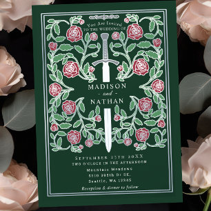 Invitación Espada de plata verde Floral Boda de fantasía medi