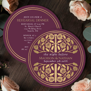 Invitación Espada dorada medieval malva Ensayo de boda real 