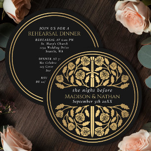 Invitación Espada dorada medieval negra Ensayo de boda real 