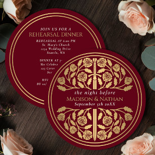 Invitación Espada dorada medieval roja ensayo de boda real 
