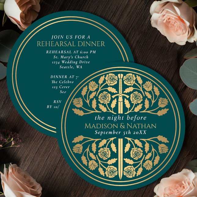Invitación Espada dorada medieval teal Ensayo de boda real  (Subido por el creador)