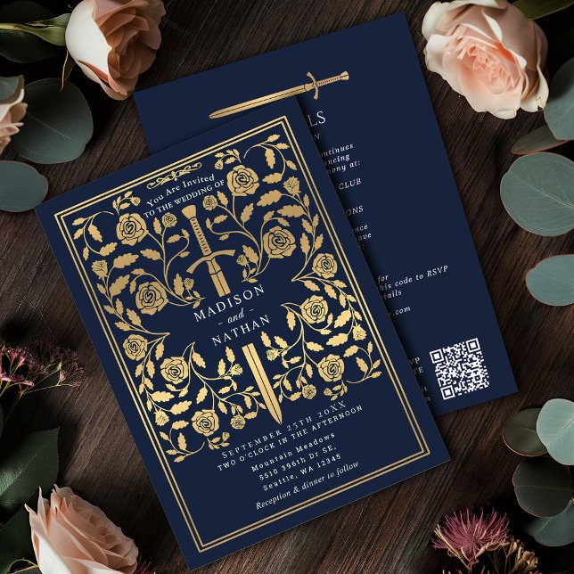 Invitación Espada dorada real medieval azul Código QR Boda (Subido por el creador)