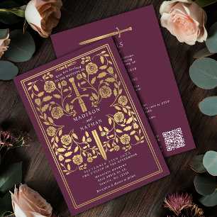 Invitación Espada dorada real medieval Mauve Código QR de bod