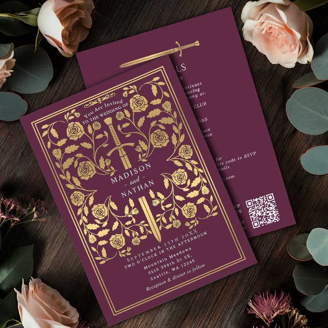 Invitación Espada dorada real medieval Mauve Código QR de bod (Subido por el creador)