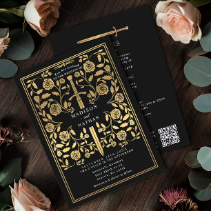 Invitación Espada dorada real medieval negra Código QR de bod
