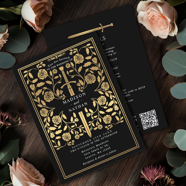 Invitación Espada dorada real medieval negra Código QR de bod (Subido por el creador)