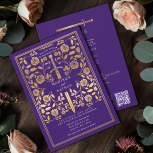 Invitación Espada dorada real medieval púrpura Código QR Boda