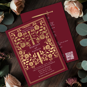 Invitación Espada dorada real medieval roja Código QR de boda
