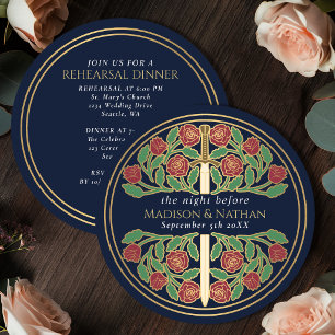 Invitación Espada Floral Azul Dorado Ensayo de Boda Real 