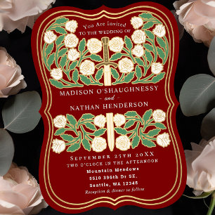 Invitación Espada Floral Blanca Medieval Royal Escarlata Boda