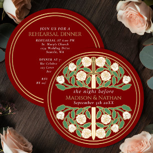 Invitación Espada floral de oro escarlata Cena de ensayo de b
