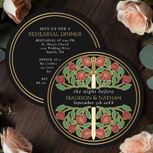 Invitación Espada Floral de Oro Negro Ensayo de Boda Real