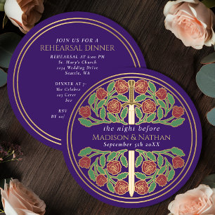 Invitación Espada floral de oro púrpura ensayo de boda real