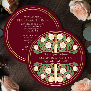 Invitación Espada Floral de Oro Rojo Ensayo de Boda Real