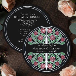 Invitación Espada Floral de Plata Negra Ensayo de Boda Real 