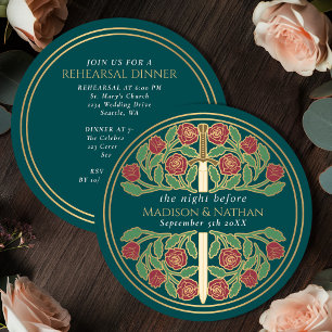 Invitación Espada floral dorada turquesa Ensayo de boda real