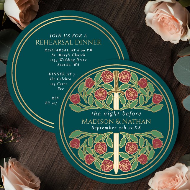 Invitación Espada floral dorada turquesa Ensayo de boda real  (Subido por el creador)