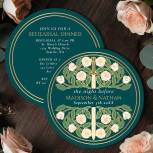 Invitación Espada floral dorada turquesa Ensayo de boda real 